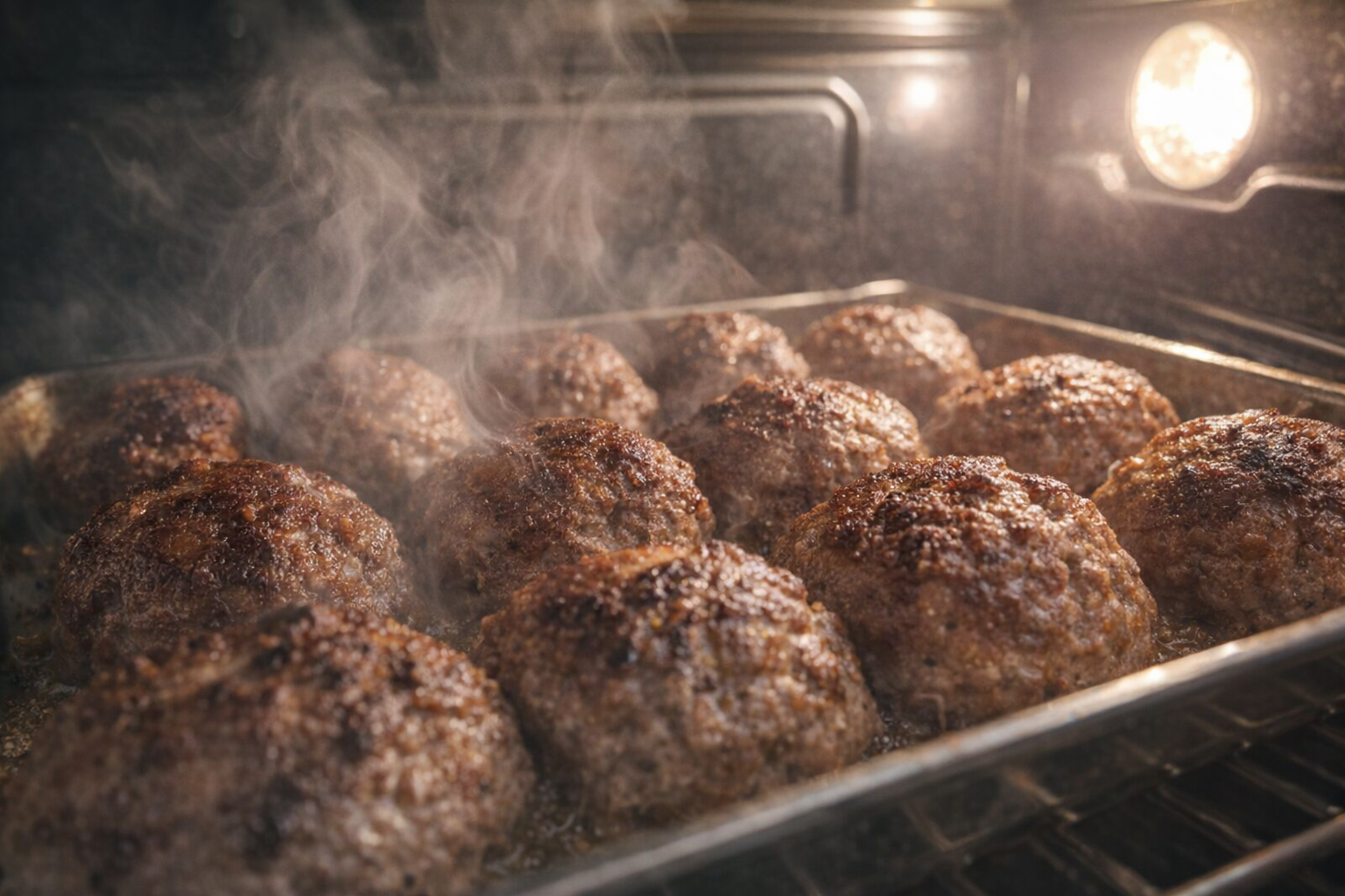 Close up of meatballs in the oven, browning nicely, visible steam, bright oven light, focus on texture
